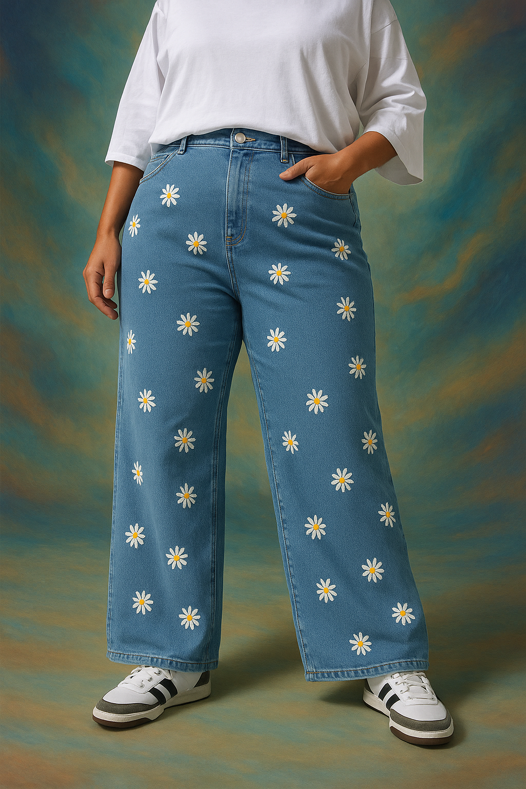 Chic Wide Leg Jeans with Delicate Daisy Embroidery